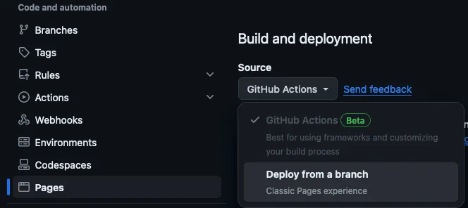GitHub repository GitHub Pages deployment settings