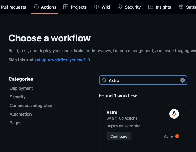 GitHub action for Astro