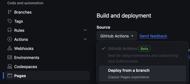 GitHub repository GitHub Pages deployment settings